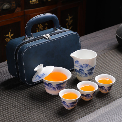 可攜式小藍包羊脂玉白瓷旅行茶具小套裝茶壺蓋碗隨身戶外三杯 可攜式小藍包羊脂玉白瓷旅行茶具小套裝茶壺蓋碗隨身戶外三杯