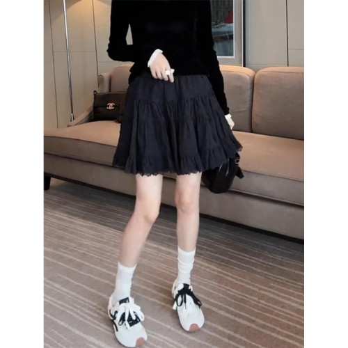 黑色半身短裙女2025夏季新款歐貨大碼松緊腰氣質蕾絲蓬蓬A字裙子