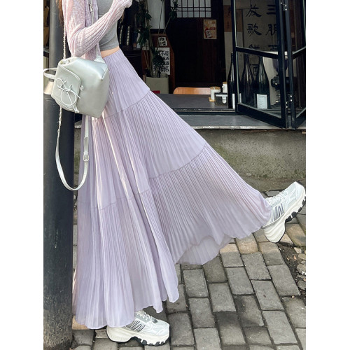 法式紫色壓褶半身裙女2025春夏新款高腰顯瘦a字遮胯大擺百褶長裙