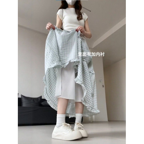 胖mm淺綠色格子蛋糕裙女2025新款大碼梨型身材高腰顯瘦a字半身裙