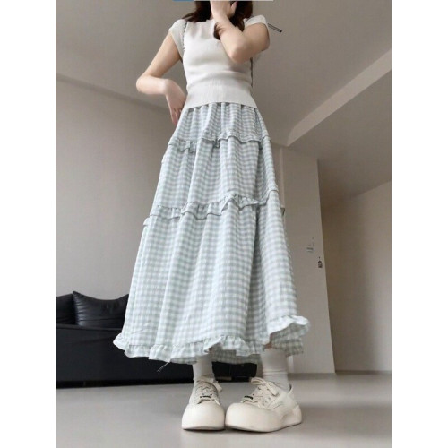 胖mm淺綠色格子蛋糕裙女2025新款大碼梨型身材高腰顯瘦a字半身裙