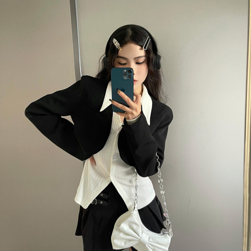 今年流行~ 黑色長袖小西裝上衣短款西服外套女搭高腰百褶裙短裙子