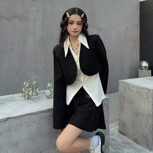 今年流行~ 黑色長袖小西裝上衣短款西服外套女搭高腰百褶裙短裙子