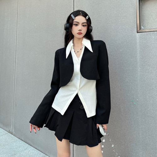 今年流行~ 黑色長袖小西裝上衣短款西服外套女搭高腰百褶裙短裙子