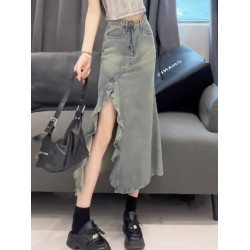 拉夏貝爾牛仔半身裙女夏季2025新款美式修身荷葉邊開叉包臀魚尾裙