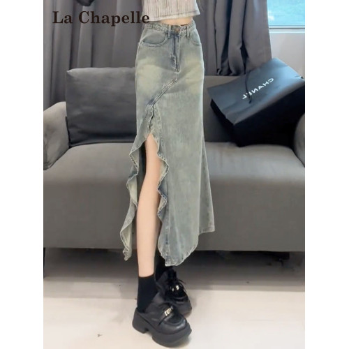 拉夏貝爾牛仔半身裙女夏季2025新款美式修身荷葉邊開叉包臀魚尾裙