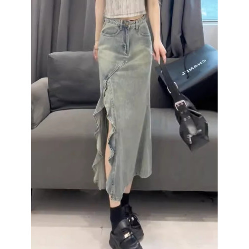 拉夏貝爾牛仔半身裙女夏季2025新款美式修身荷葉邊開叉包臀魚尾裙