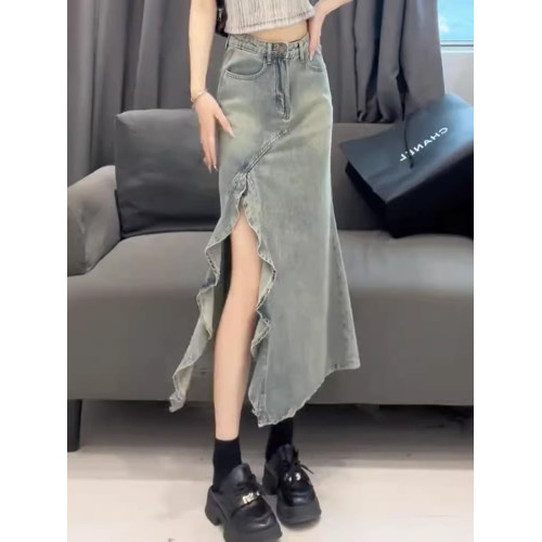 拉夏貝爾牛仔半身裙女夏季2025新款美式修身荷葉邊開叉包臀魚尾裙