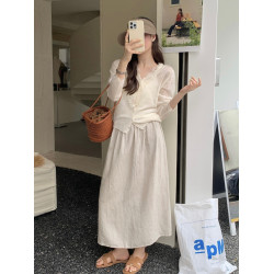 爆款延續！hellokay簡約亞麻天絲高腰顯瘦後開叉半身裙女夏中長裙
