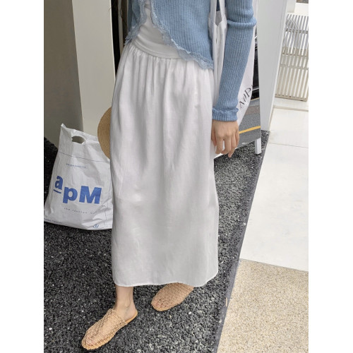 爆款延續！hellokay簡約亞麻天絲高腰顯瘦後開叉半身裙女夏中長裙