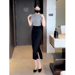 黑色不規則褶皺半身裙女2025夏季新款高腰開叉顯瘦遮胯西裝包臀裙