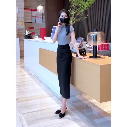 黑色不規則褶皺半身裙女2025夏季新款高腰開叉顯瘦遮胯西裝包臀裙