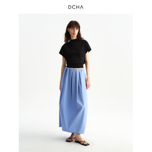 DCHA 克萊因藍簡約百搭松緊腰褶皺裝飾長款半身裙