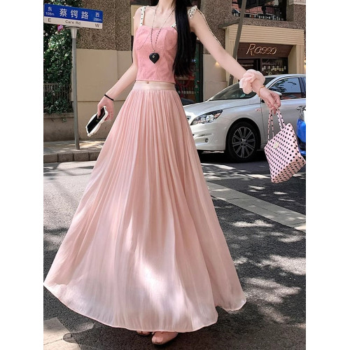 拉夏貝爾流光紗白色半身裙女夏季高腰a字顯瘦法式高級感大擺繖裙