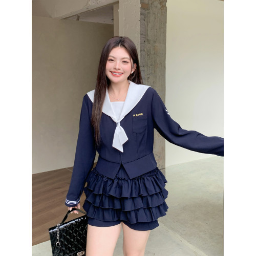 阿車家的大碼jk原創學院風海軍領水手服顯瘦百搭蛋糕裙短裙套裝夏