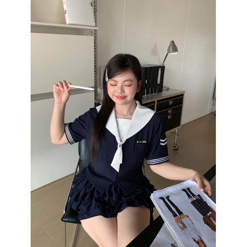 阿車家的大碼jk原創學院風海軍領水手服顯瘦百搭蛋糕裙短裙套裝夏