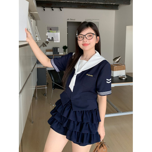 阿車家的大碼jk原創學院風海軍領水手服顯瘦百搭蛋糕裙短裙套裝夏