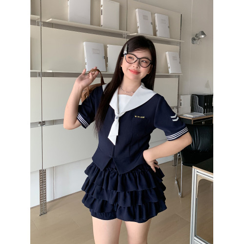 阿車家的大碼jk原創學院風海軍領水手服顯瘦百搭蛋糕裙短裙套裝夏