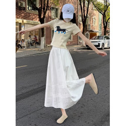 拉夏貝爾蕾絲拼接半身裙女夏季空氣感小白裙高腰A字顯瘦大擺繖裙