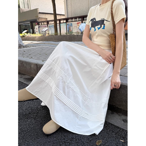 拉夏貝爾蕾絲拼接半身裙女夏季空氣感小白裙高腰A字顯瘦大擺繖裙