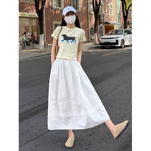 拉夏貝爾蕾絲拼接半身裙女夏季空氣感小白裙高腰A字顯瘦大擺繖裙