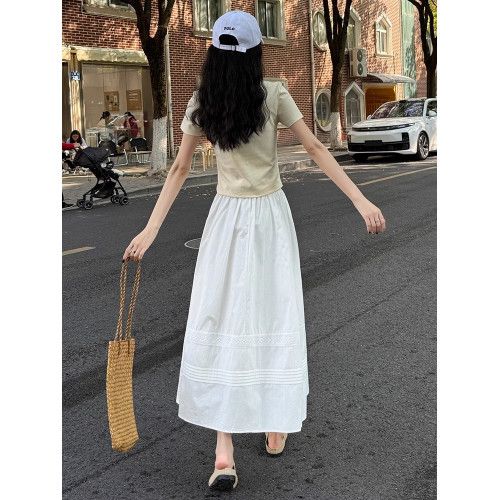 拉夏貝爾蕾絲拼接半身裙女夏季空氣感小白裙高腰A字顯瘦大擺繖裙