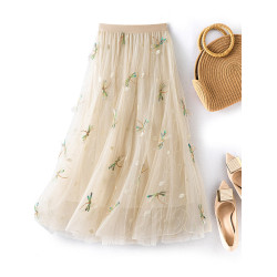 拉夏貝爾2025秋季季高級感網紗刺綉裙精緻絕美優雅高腰顯瘦半身裙