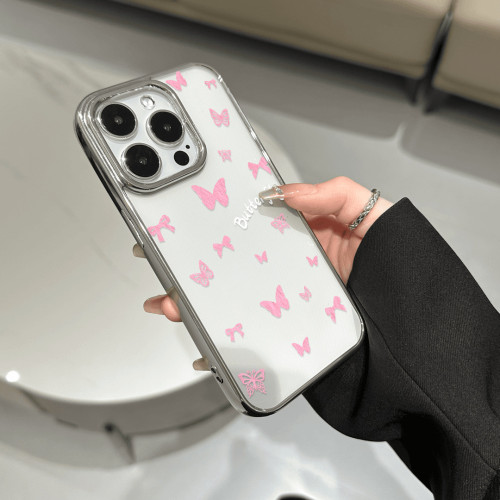粉蝴蝶適用蘋果15promax手機殼iPhone14新款13保護套16ins風女款8