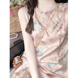 新中式國風粉色印花無袖改良旗袍2025年夏季溫柔風小個子氣質短裙