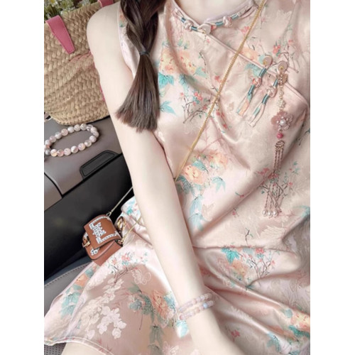 新中式國風粉色印花無袖改良旗袍2025年夏季溫柔風小個子氣質短裙