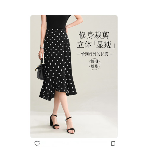 波點半身裙女夏季新款大碼不規則荷葉邊包臀魚尾裙中長款雪紡裙