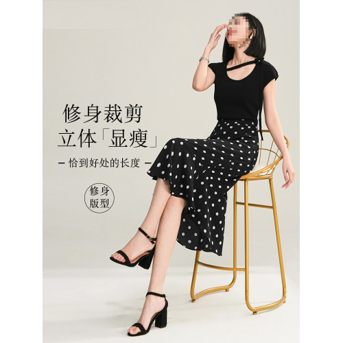 波點半身裙女夏季新款大碼不規則荷葉邊包臀魚尾裙中長款雪紡裙