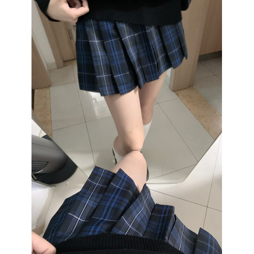 胖頭魚jk原創正版黑藍格裙校供日系秋冬季百褶裙大碼短裙【夜闌】