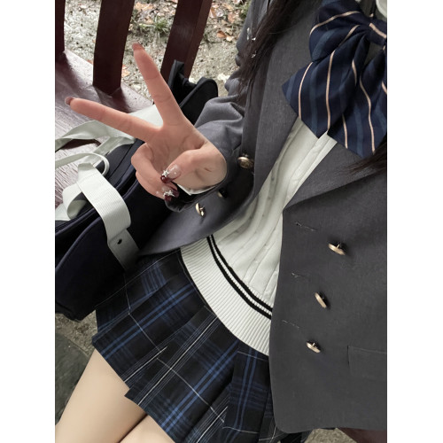 胖頭魚jk原創正版黑藍格裙校供日系秋冬季百褶裙大碼短裙【夜闌】