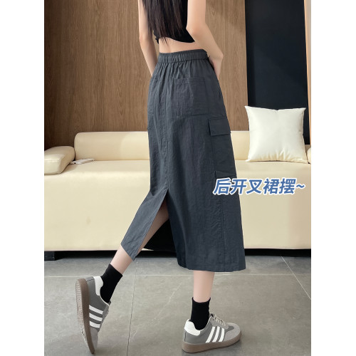 速乾冰絲工裝半身裙女夏季薄款2025新款中長款a字開叉直筒繖裙子