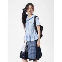About girl藏青色不規則格紋掛布印花半身裙輕亞y2k顯高