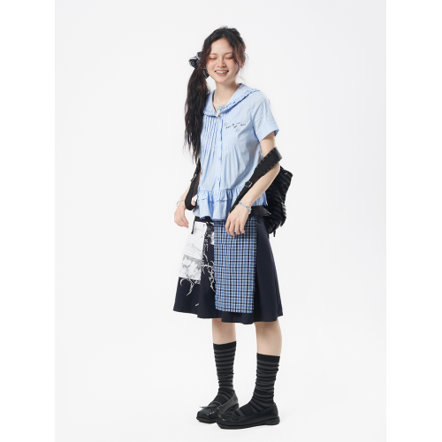 About girl藏青色不規則格紋掛布印花半身裙輕亞y2k顯高