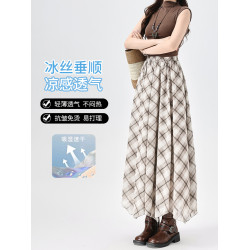 拉夏貝爾不規則復古格子半身裙女夏薄款小衆設計感垂墜感a字繖裙