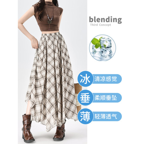 拉夏貝爾不規則復古格子半身裙女夏薄款小衆設計感垂墜感a字繖裙
