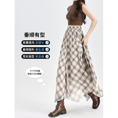 拉夏貝爾不規則復古格子半身裙女夏薄款小衆設計感垂墜感a字繖裙