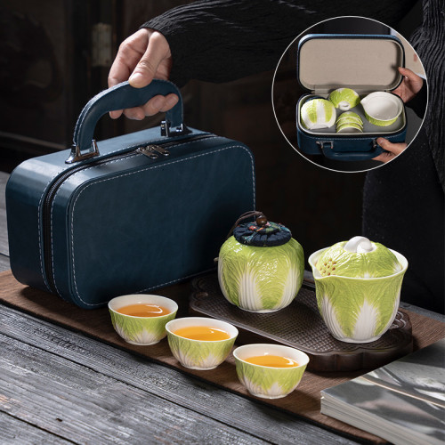 創意白菜百財納福旅行茶具套裝陶瓷三杯戶外快客杯創意可攜式隨身 創意白菜百財納福旅行茶具套裝陶瓷三杯戶外快客杯創意可攜式隨身