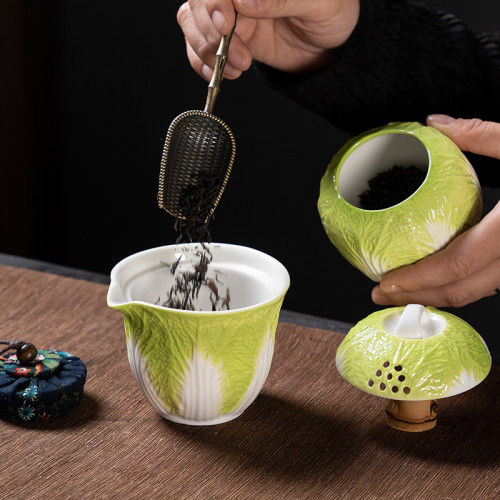 創意白菜百財納福旅行茶具套裝陶瓷三杯戶外快客杯創意可攜式隨身 創意白菜百財納福旅行茶具套裝陶瓷三杯戶外快客杯創意可攜式隨身