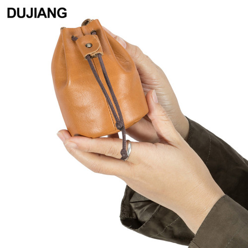 新款油蠟皮小錢包迷你小包抽繩束口零錢收納包錢包真皮迷你零錢包