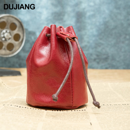 新款油蠟皮小錢包迷你小包抽繩束口零錢收納包錢包真皮迷你零錢包