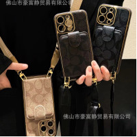 新款斜背繙蓋手機殼適用於iPhone15promax可插卡皮質全包14/13pro