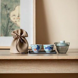 仿古青花防燙玻璃旅行茶具套裝單人戶外可攜式陶瓷快客杯一壺兩杯