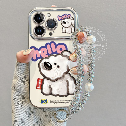 適用蘋果15pro手機殼高級時尚iphone14保護套13帶掛繩歪頭小狗