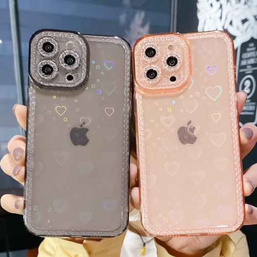 適用蘋果13promax閃粉愛心手機殼精孔防摔iPhone14防摔tpu創意XR