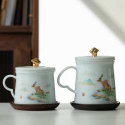 一路相伴國風陶瓷辦公杯泡茶杯茶水分離辦公室過濾杯帶蓋禮盒裝