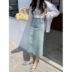 隅見丨高腰開叉燙鑽牛仔半身裙女夏新款包臀顯瘦一步裙A字中長裙
